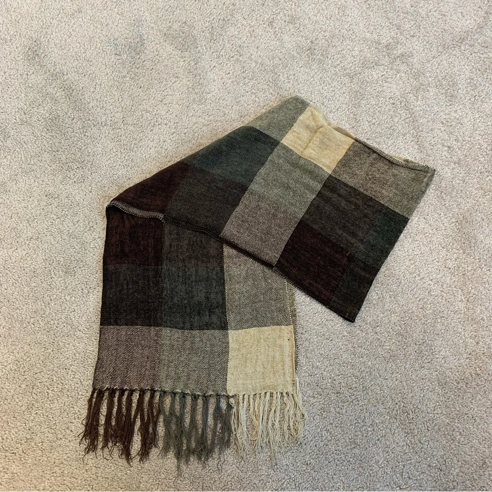 Brown tan cream soft check square print multicoloured shade scarf